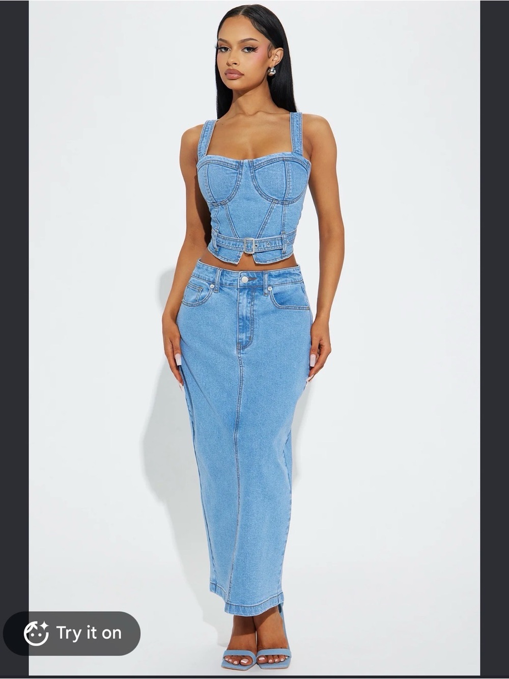 Fashion Nova Light Blue Denim Corset Top & Maxi Skirt Set